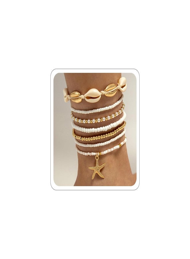 Xeyau Shell Anklets Bracelet for Women Waterproof Surfer Starfish Bracelet Puka Shell Anklet Colorful Boho Stack Stretch Bead Bracelet Set Hawaii Summer Beach Vacation Foot Jewelry (Gold) - Image 1